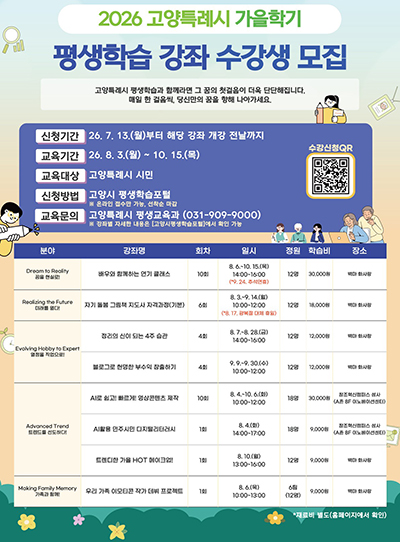 고양시, 미래역량·시민성 함께 키우는 가을학기 평생학습 강좌 운영